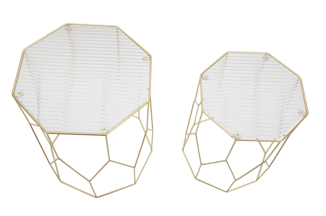 Juego de 2 mesas auxiliares de cristal con marco dorado – New Glass Collection