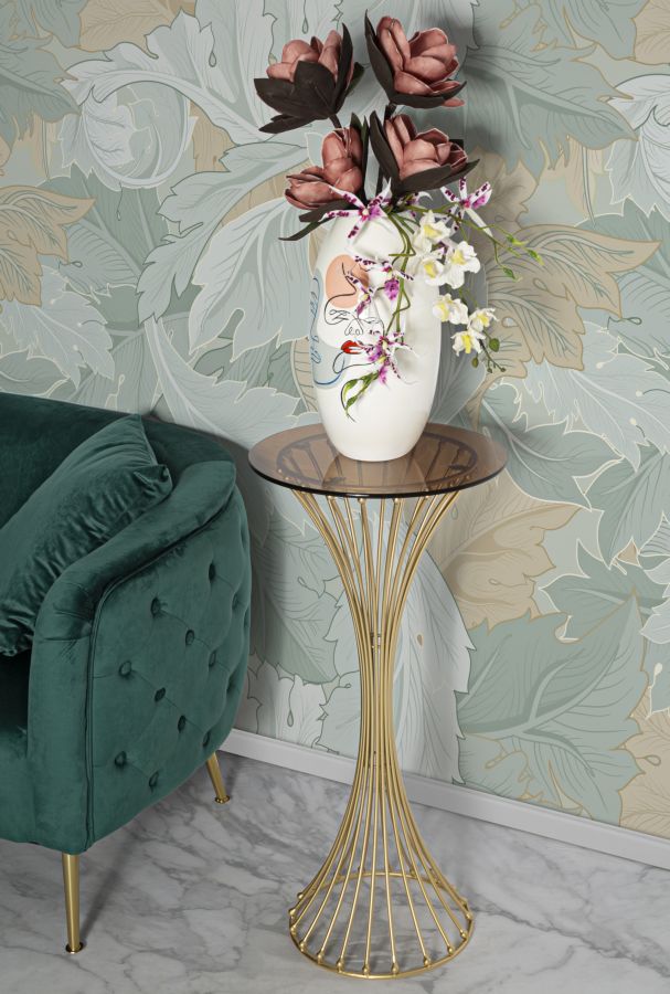 Mesa pedestal de metal dorado con base decorativa – Centur estilo moderno