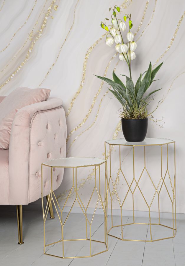 Juego de 2 mesas auxiliares de cristal con marco dorado – New Glass Collection