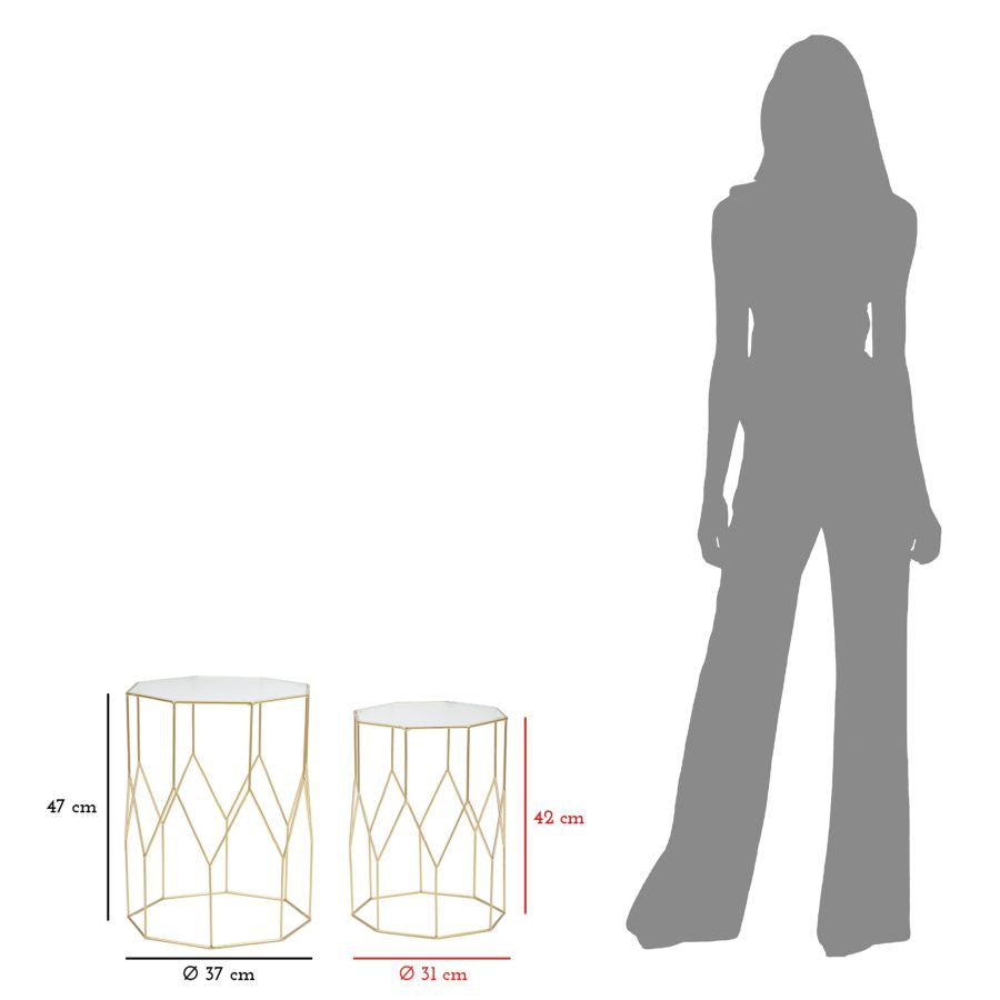 Juego de 2 mesas auxiliares de cristal con marco dorado – New Glass Collection