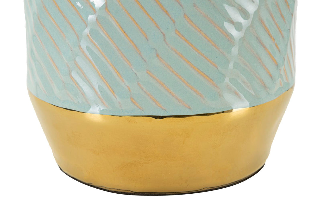 Lámpara de mesa de cerámica azul y dorada con pantalla de tela – Estilo Cape Town