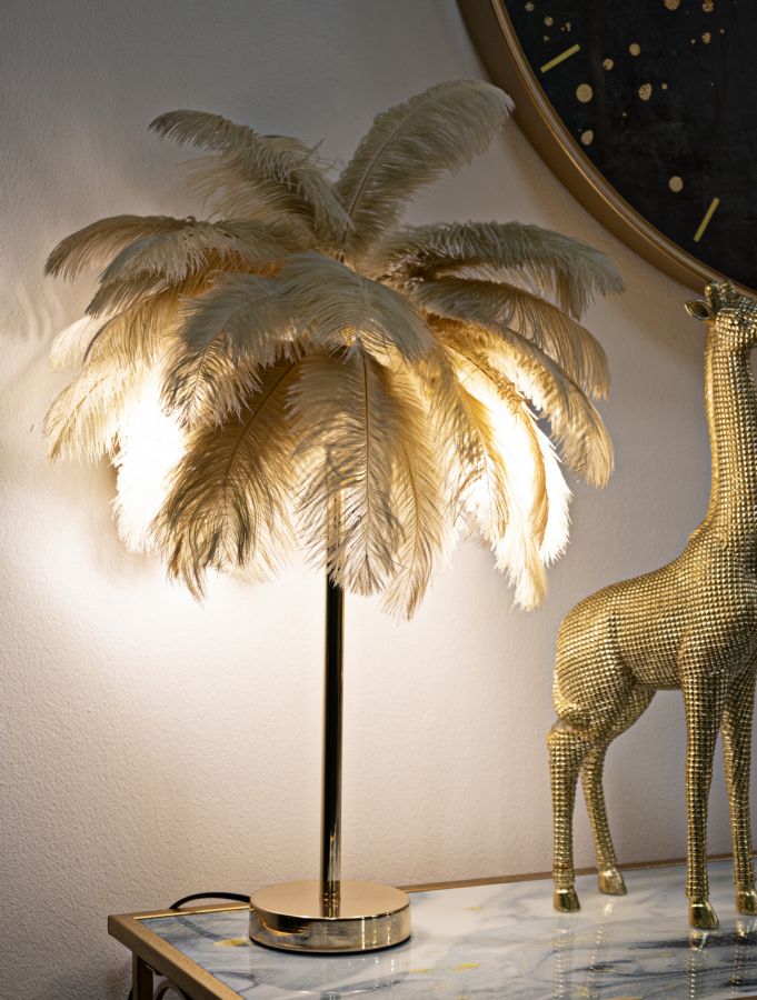 Lámpara de mesa palmera camello con pantalla de tela – Diseño tropical
