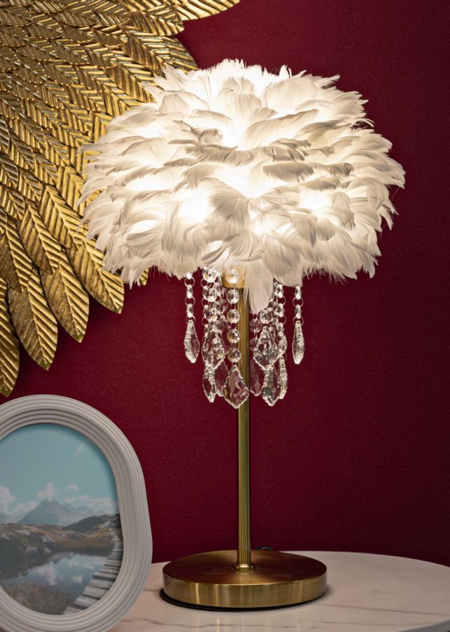 Lámpara de mesa estilo cristal blanca con pantalla de tela – Diamon Collection