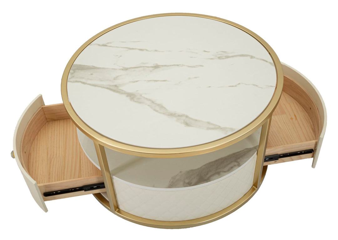 Mesa de centro redonda con base dorada – Sharon diseño moderno