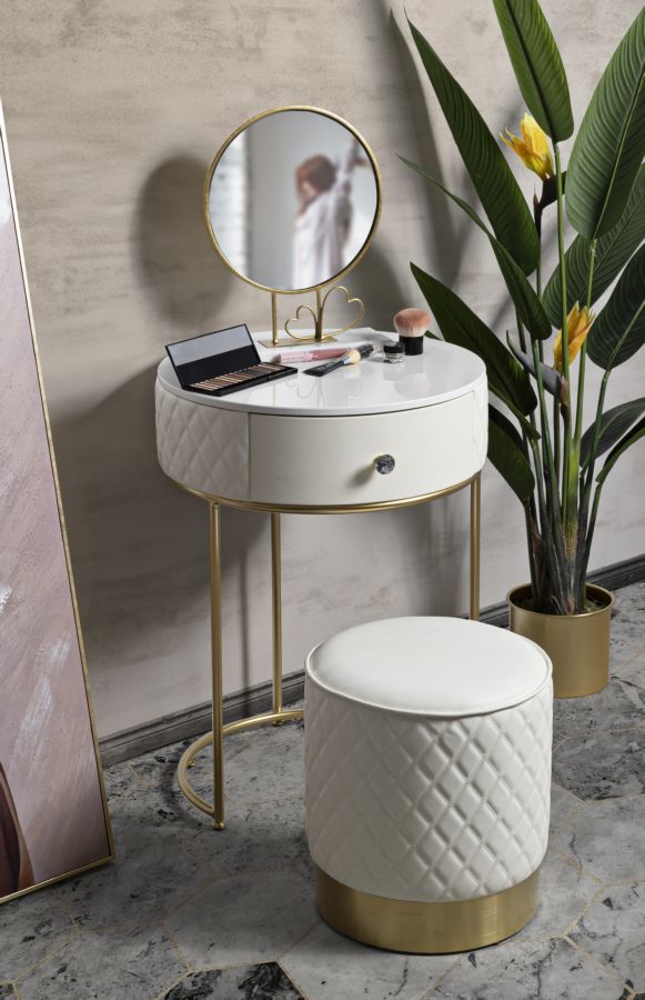 Mesita de noche alta blanca con taburete – Sharon set moderno