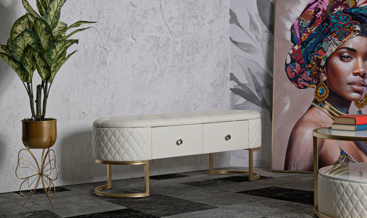 Banco tapizado blanco con cajones – Sharon asiento con almacenaje