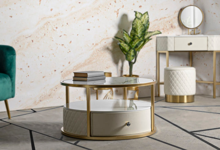 Mesa de centro redonda con base dorada – Sharon diseño moderno