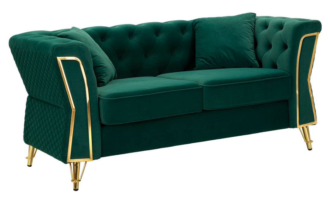 Sofá de terciopelo verde con cojines – Emy 2 plazas
