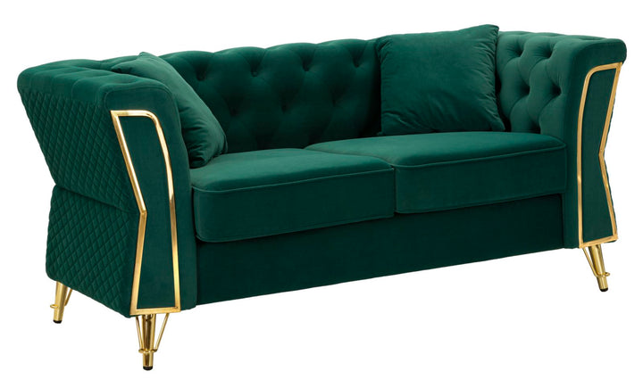 Sofá de terciopelo verde con cojines – Emy 2 plazas