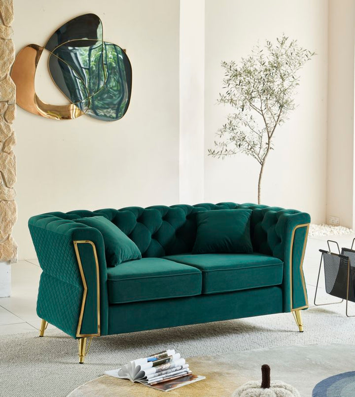 Sofá de terciopelo verde con cojines – Emy 2 plazas