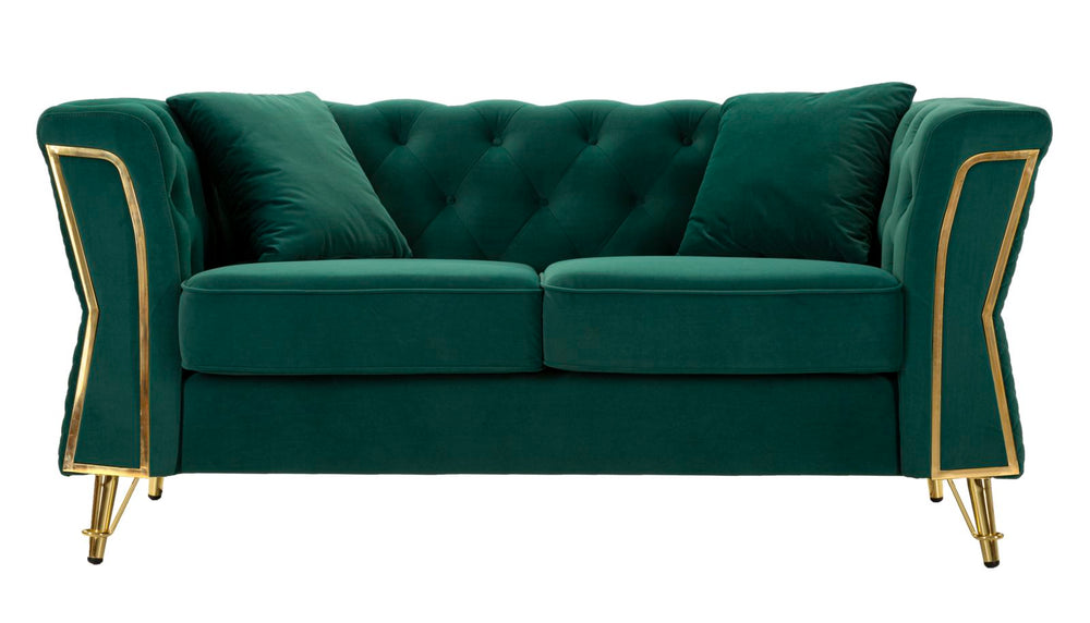 Sofá de terciopelo verde con cojines – Emy 2 plazas
