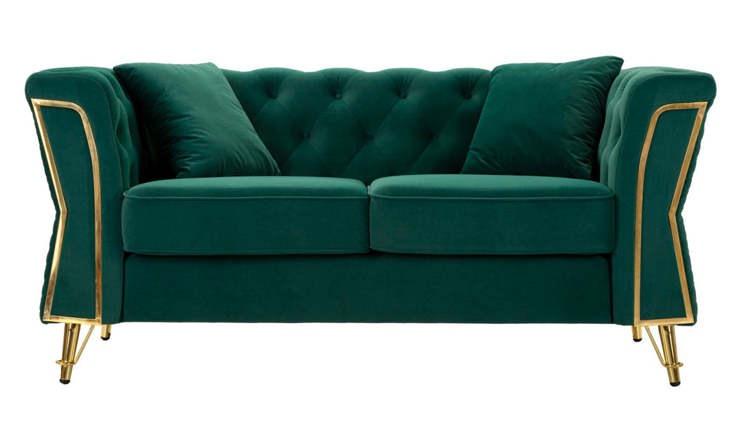 Sofá de terciopelo verde con cojines – Emy 2 plazas