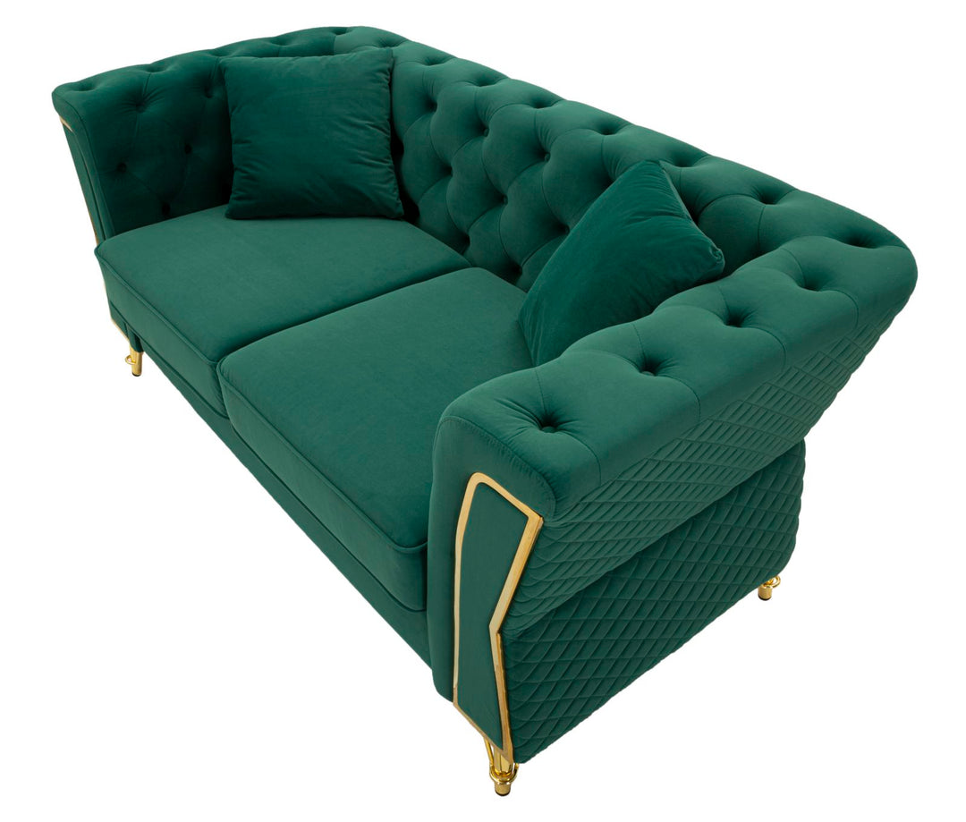 Sofá de terciopelo verde con cojines – Emy 2 plazas