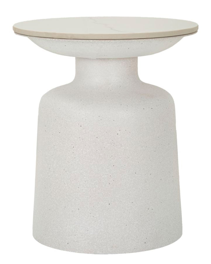 Mesa auxiliar redonda blanca con base texturizada – Mesa de acento moderna