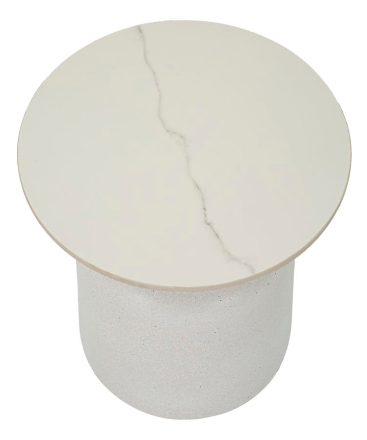 Mesa auxiliar redonda blanca con base texturizada – Mesa de acento moderna