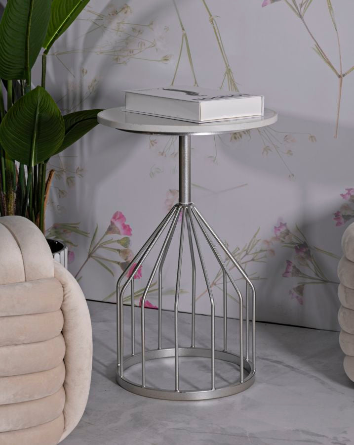 Mesa auxiliar redonda de mármol artificial con base única – Estilo contemporáneo