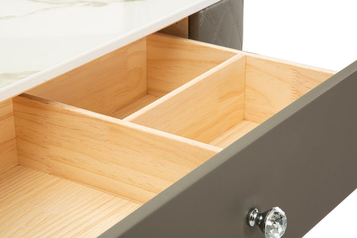 Tocador gris con taburete y patas plateadas – Sharon estilo moderno