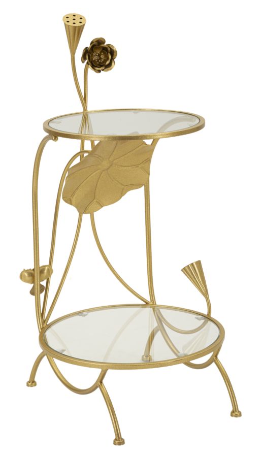 Mesa auxiliar de metal dorado con 2 estantes – Flowers diseño decorativo