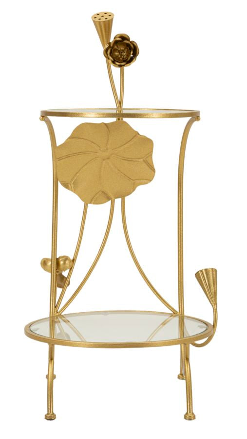 Mesa auxiliar de metal dorado con 2 estantes – Flowers diseño decorativo
