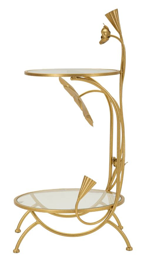 Mesa auxiliar de metal dorado con 2 estantes – Flowers diseño decorativo