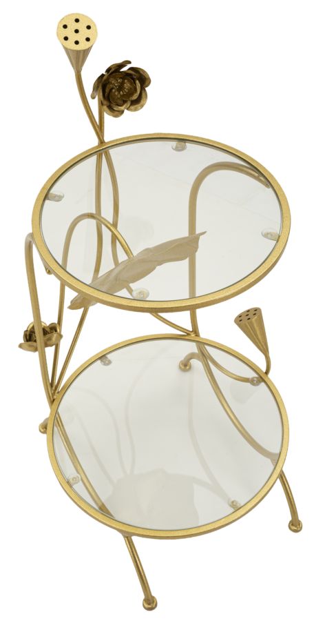 Mesa auxiliar de metal dorado con 2 estantes – Flowers diseño decorativo