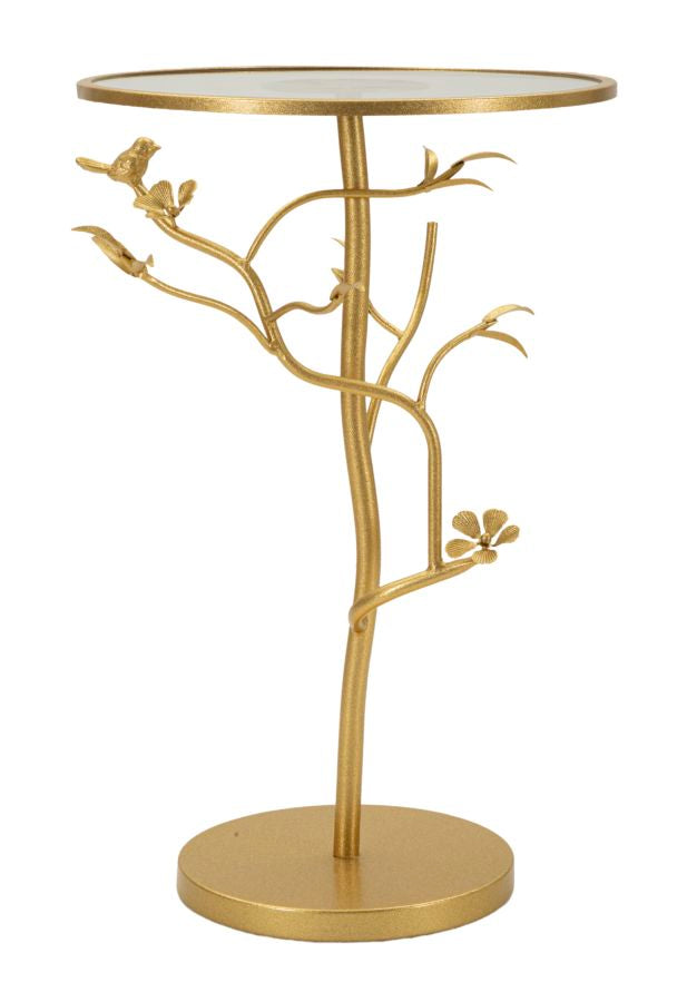 Mesa auxiliar redonda de cristal con base en forma de árbol dorado – Birds Collection