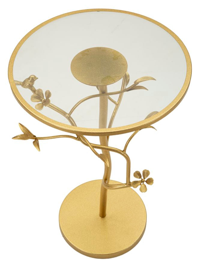 Mesa auxiliar redonda de cristal con base en forma de árbol dorado – Birds Collection