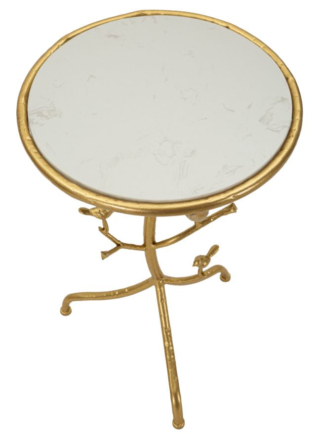 Mesa auxiliar redonda de mármol artificial con base de árbol dorada – Birds diseño moderno