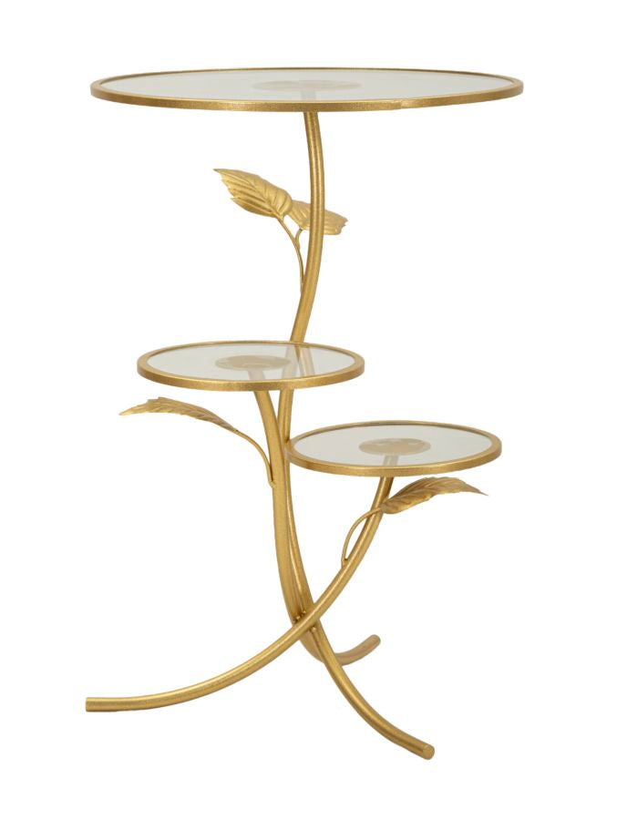 Mesa auxiliar de metal dorado con 3 estantes – Leaf diseño decorativo