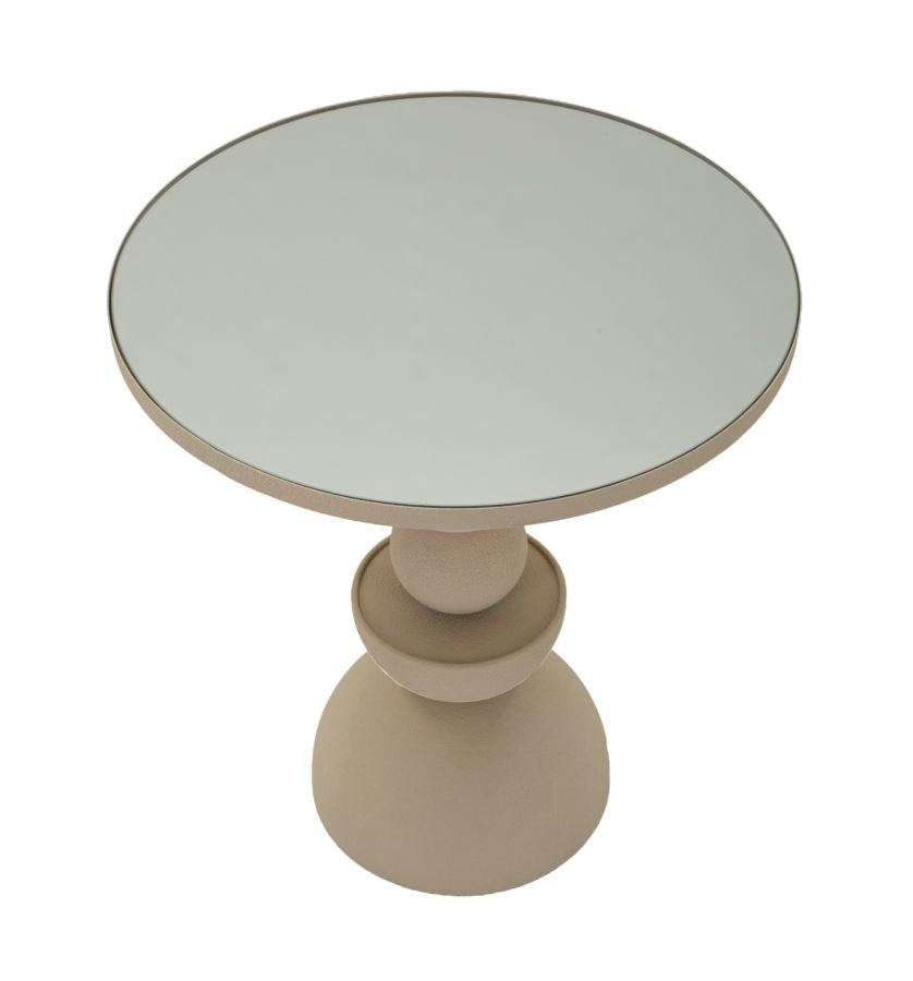 Mesa auxiliar redonda beige con tapa de espejo – Dune estilo contemporáneo