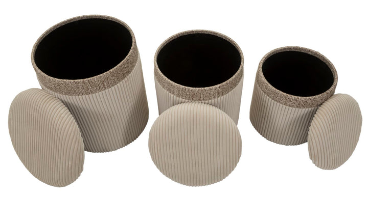 Juego de 3 pufs tapizados crema con almacenaje – Curtain Collection