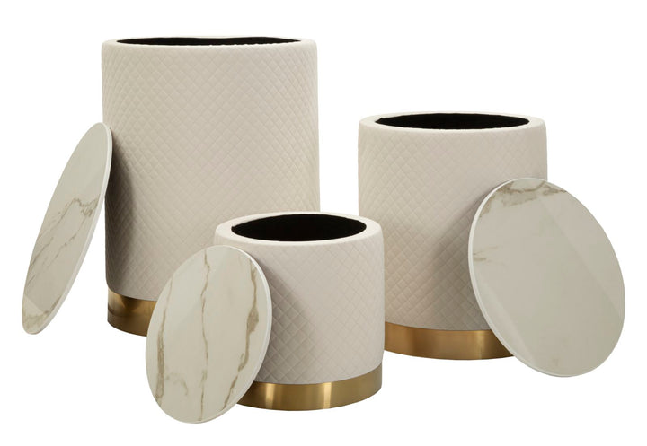 Juego de 3 pufs tapizados con almacenaje – Display Shop diseño moderno