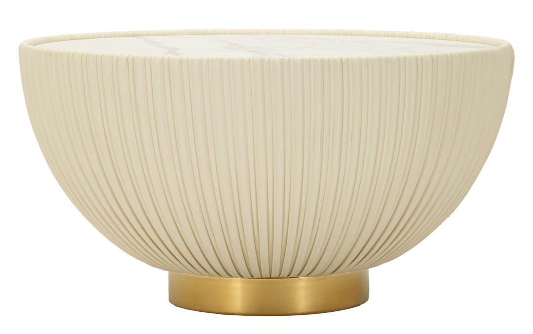 Mesa de centro redonda beige con base dorada – Elge diseño moderno