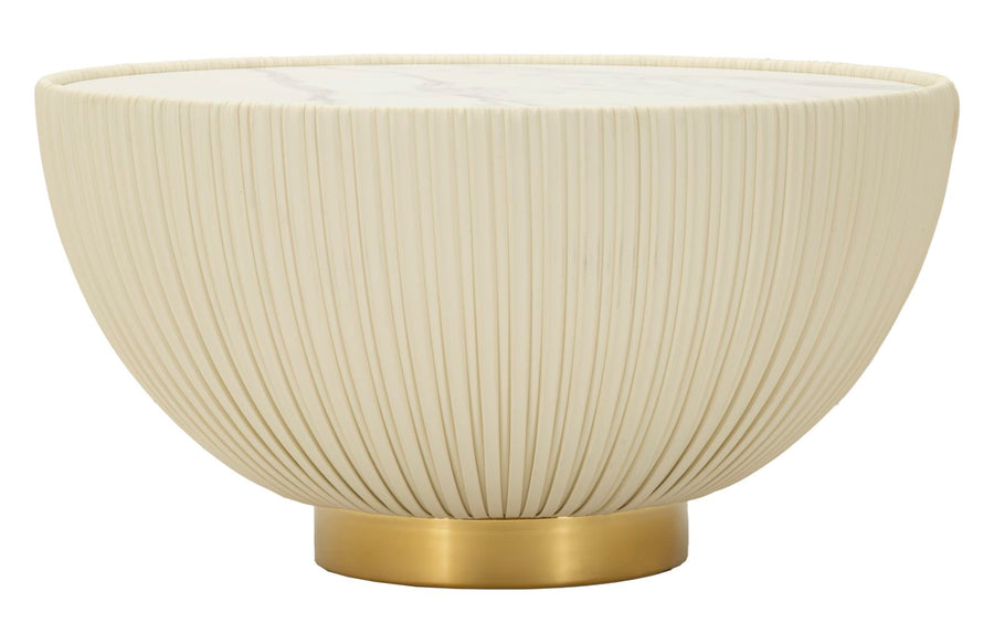 Mesa de centro redonda beige con base dorada – Elge diseño moderno