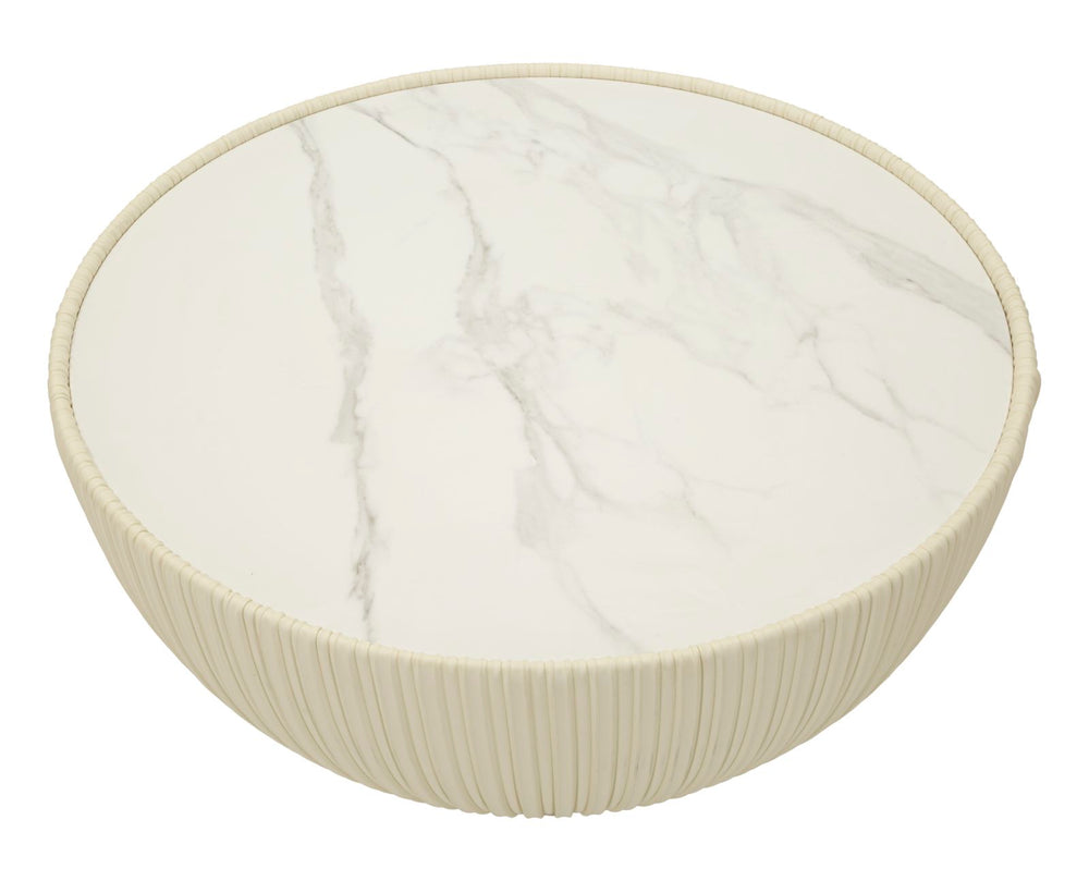 Mesa de centro redonda beige con base dorada – Elge diseño moderno