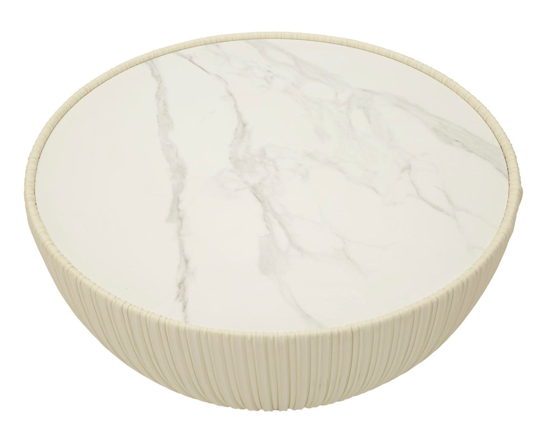 Mesa de centro redonda beige con base dorada – Elge diseño moderno