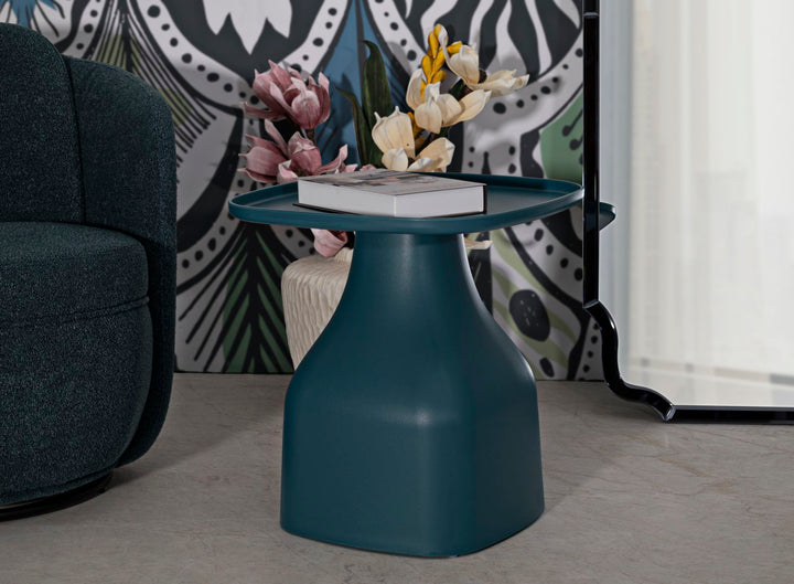 Mesa de centro redonda azul con base geométrica – Gea acento moderno