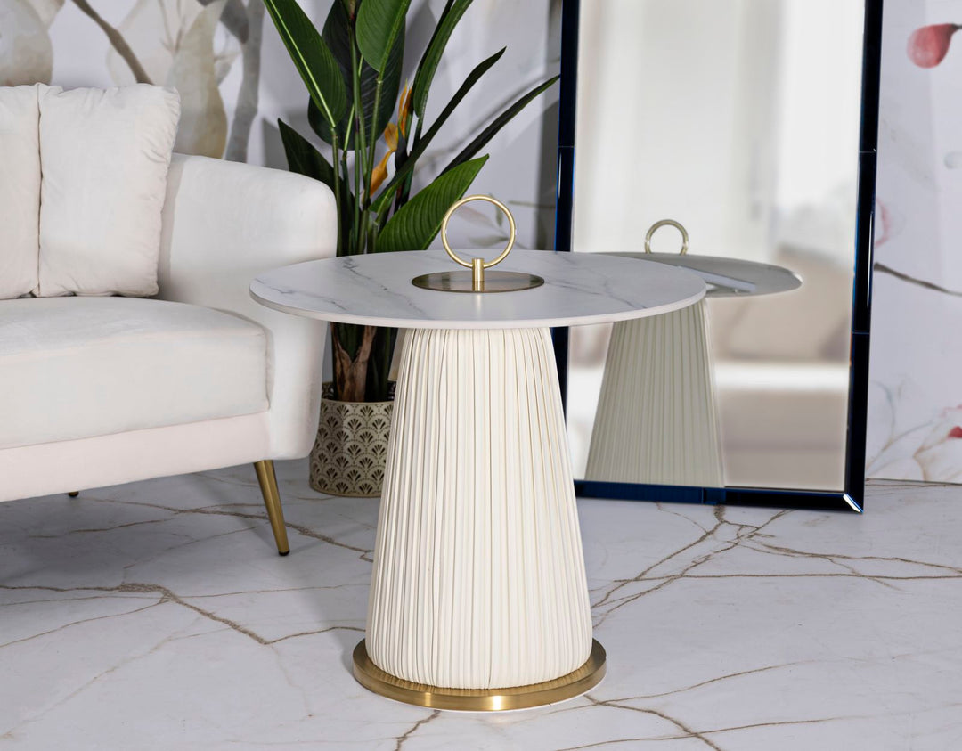 Mesa de centro redonda dorada con tapa de mármol artificial – Nova estilo contemporáneo