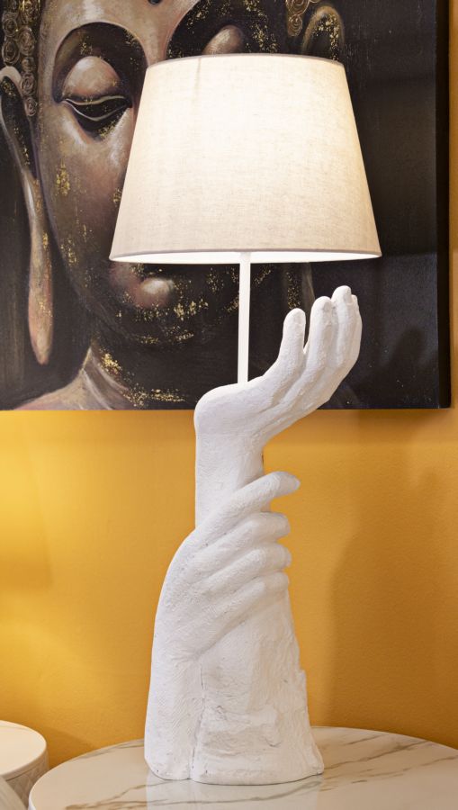 Lámpara de mesa escultura blanca con pantalla beige – Life Collection