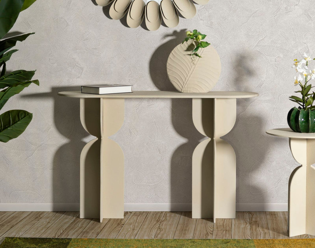 Mesa consola beige con base escultural – Dune recibidor moderno