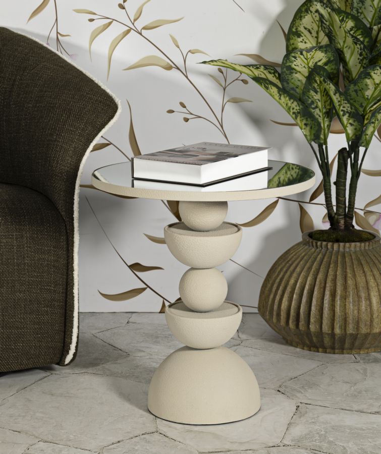 Mesa auxiliar redonda beige con tapa de espejo – Dune estilo contemporáneo