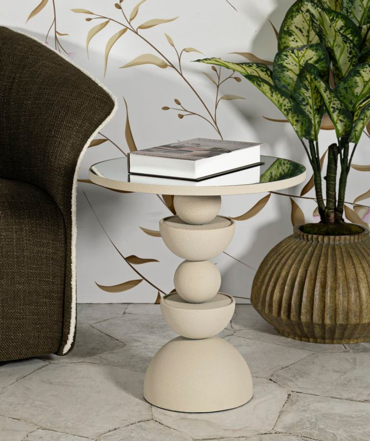Mesa auxiliar redonda beige con tapa de espejo – Dune estilo contemporáneo