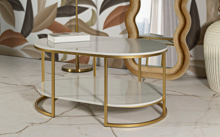 Mesa de centro rectangular de mármol artificial con marco dorado – Izmir diseño