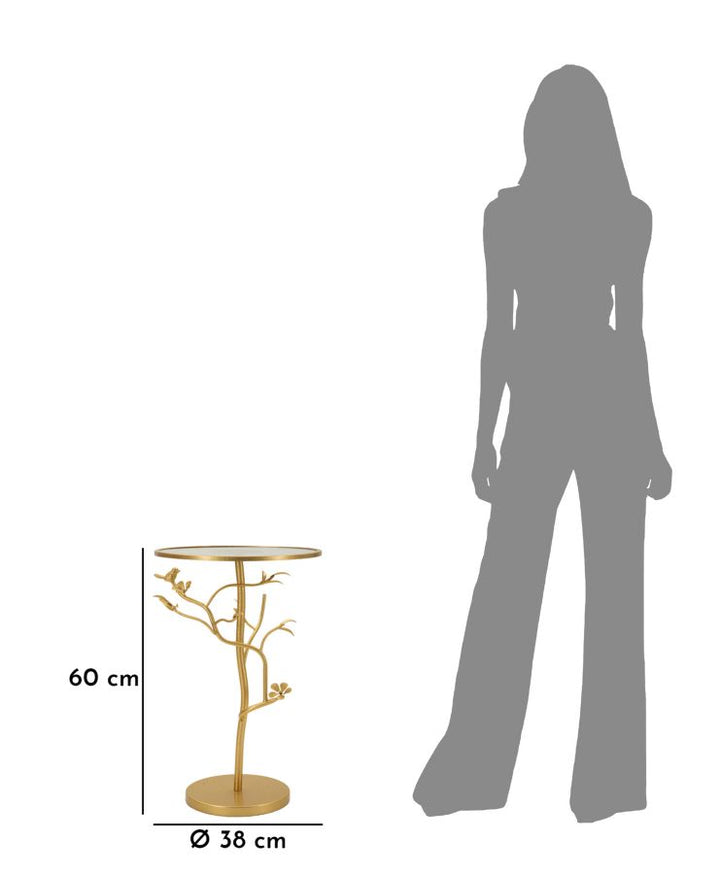 Mesa auxiliar redonda de cristal con base en forma de árbol dorado – Birds Collection
