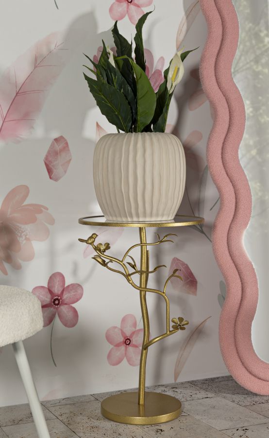 Mesa auxiliar redonda de cristal con base en forma de árbol dorado – Birds Collection
