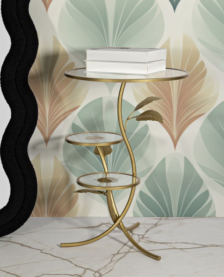 Mesa auxiliar de metal dorado con 3 estantes – Leaf diseño decorativo