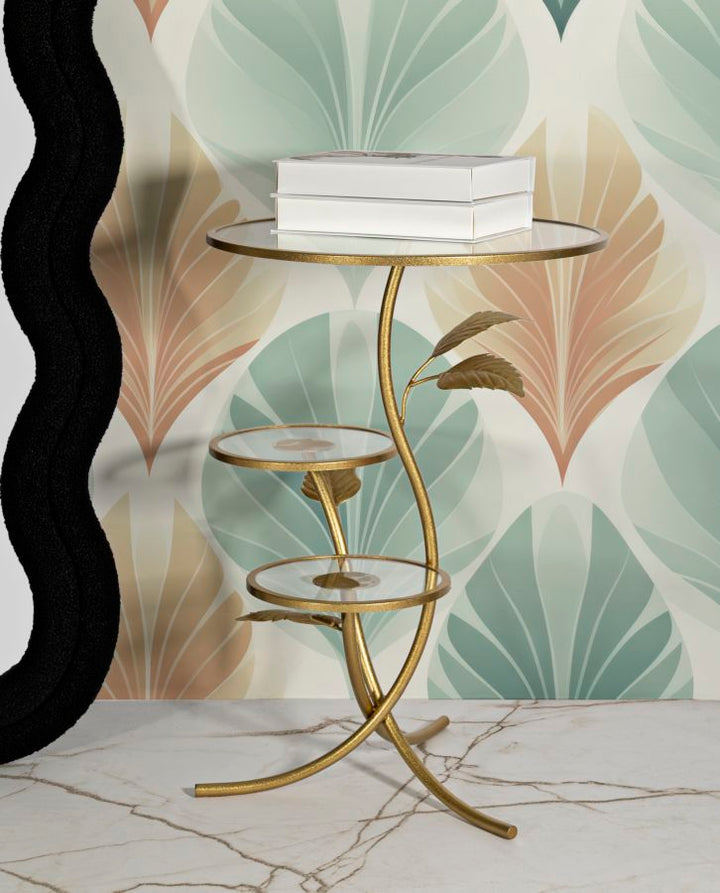 Mesa auxiliar de metal dorado con 3 estantes – Leaf diseño decorativo