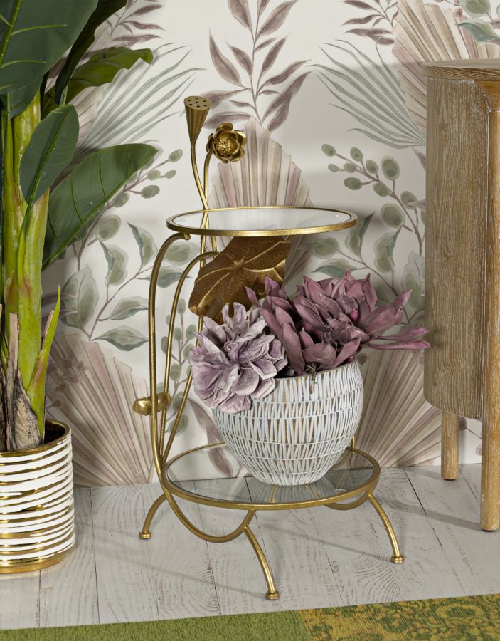 Mesa auxiliar de metal dorado con 2 estantes – Flowers diseño decorativo