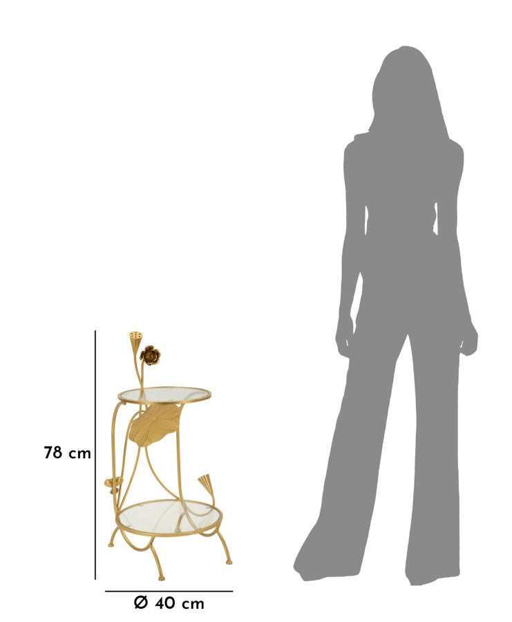 Mesa auxiliar de metal dorado con 2 estantes – Flowers diseño decorativo