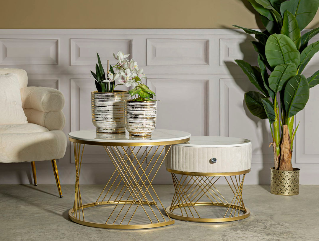 Juego de 2 mesas de centro de mármol artificial con marco dorado – Votix Collection